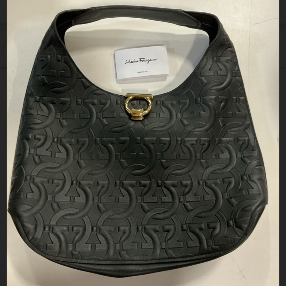 Salvatore Ferragamo Black Hobo Bag with Gold Accent